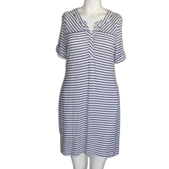 CHICO'S Mini Dress, 0/S, White, Navy Stripes, Short sleeve, Split neck, Jersey - Picture 10 of 12